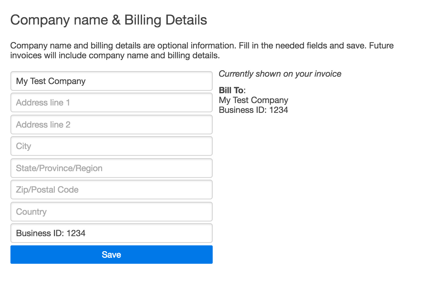 Fill in Company & billing details