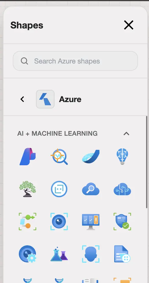 Sketchboard shape library showing Azure icon categories and search results