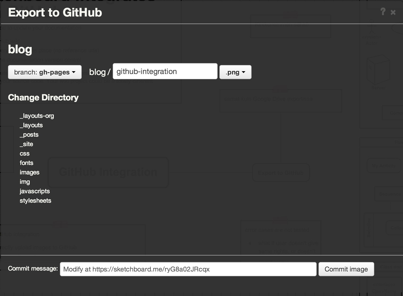 GitHub export dialog